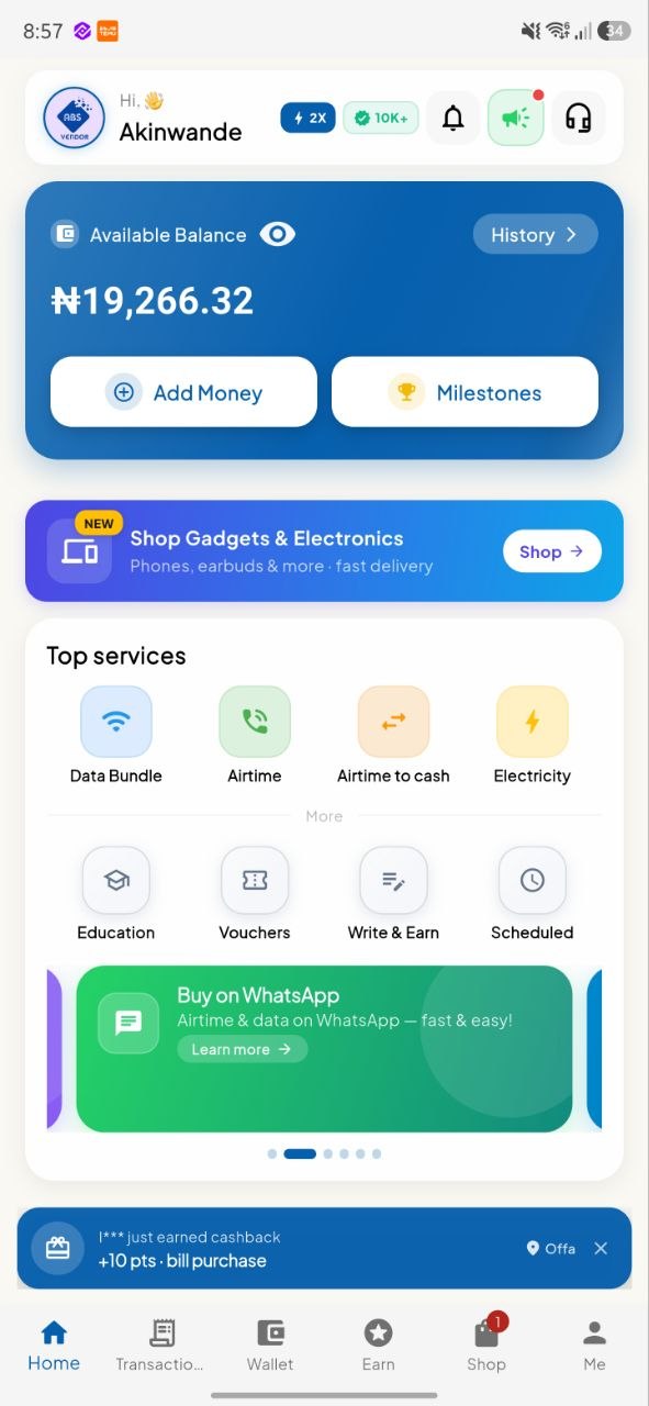The ABS Vendor app home screen, showing the wallet balance, service shortcuts and reward points